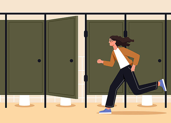 Pankreasenzyme bei Verdauungsproblemen durch exokrine Pankreasinsuffizienz oder nach Entfernung der Galle bzw. Gallenblase. Illustration: Eine Frau rennt auf eine Toilettenkabine zu.