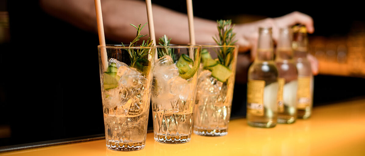 Auf einer Bar stehen drei Longdrink-Gläser mit Gin, Eis, Gurke und Rosmarin. Der Barkeeper öffnet gerade drei Fläschchen Tonic Water, die daneben stehen.