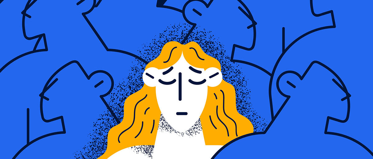 Illustration: Traurige Frau zwischen vielen gesichtslosen, blauen Männern