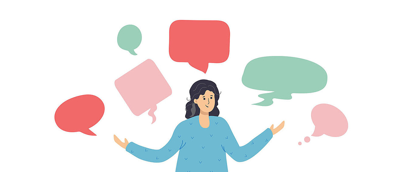 Talkaholics erkennen und Grenzen setzen. Graphische Darstellung einer Frau. Um sie herum sind verschiedene bunte Sprechblasen.
