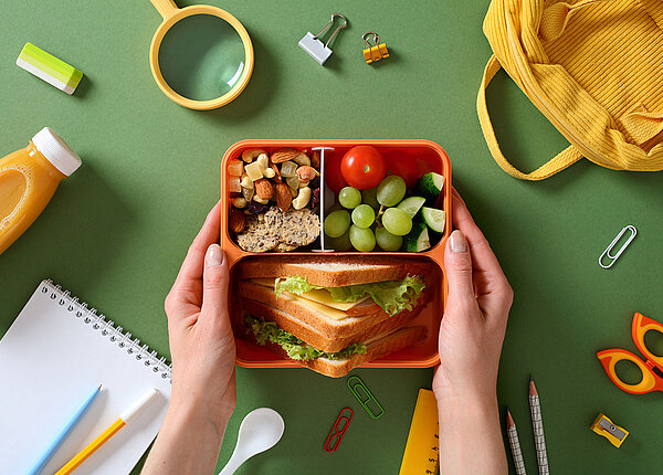 Gesunde Brotbox fĂŒr Kinder Brotbox mit Sandwich, Obst und NĂŒssen in Kinderhand