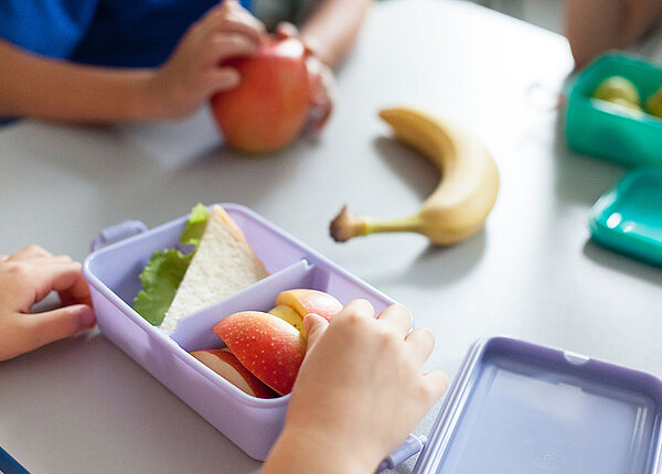 Darmgesundheit von Kindern mit ADHS Schulkinder essen gesundes Essen aus Lunchpaketen