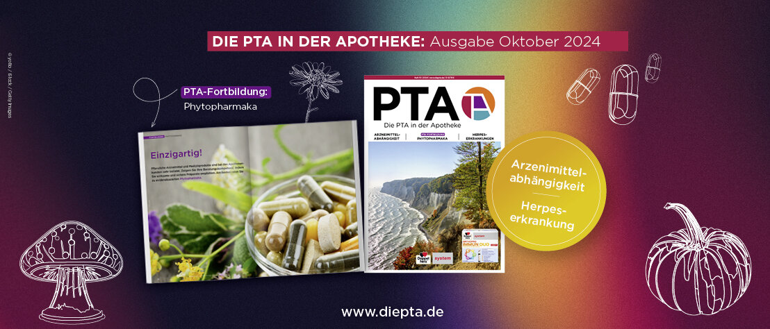 Die Oktober-Ausgabe von DIE PTA IN DER APOTHEKE. Auf dem Cover steht ein herbstlicher Wald auf einer steilen Klippe am Meer. Links daneben, auf einer aufgeschlagenen Doppelseite, sieht man die erste Seite der PTA-Fortbildung zu Phytopharmaka mit dem Titel „Einzigartig!“: Eine kleine Glasschale voller naturfarbener Kapseln und Tabletten, daneben liegen blühende, abgeschnittene Kräuterstengel. Rechts neben dem Cover listet ein Kreis die weiteren Schwerpunkt-Themen: Arzneimittelabhängigkeit und Herpeserkrankungen. 