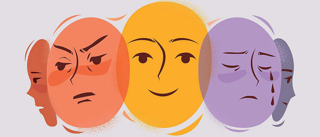 Verschiedene Emotionen und Mimiken sind mit Köpfen in unterschiedlichen Farben dargestellt