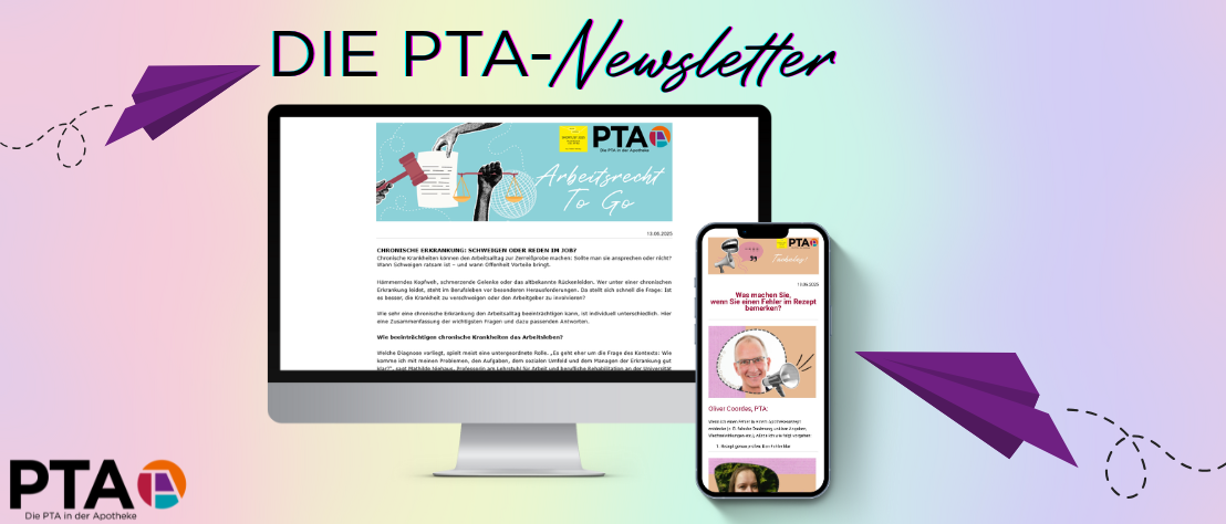 Kostenloser DIE PTA-Newsletter Ein Computerbildschirm und ein Smartphone zeigen den DIE PTA-Newsletter
