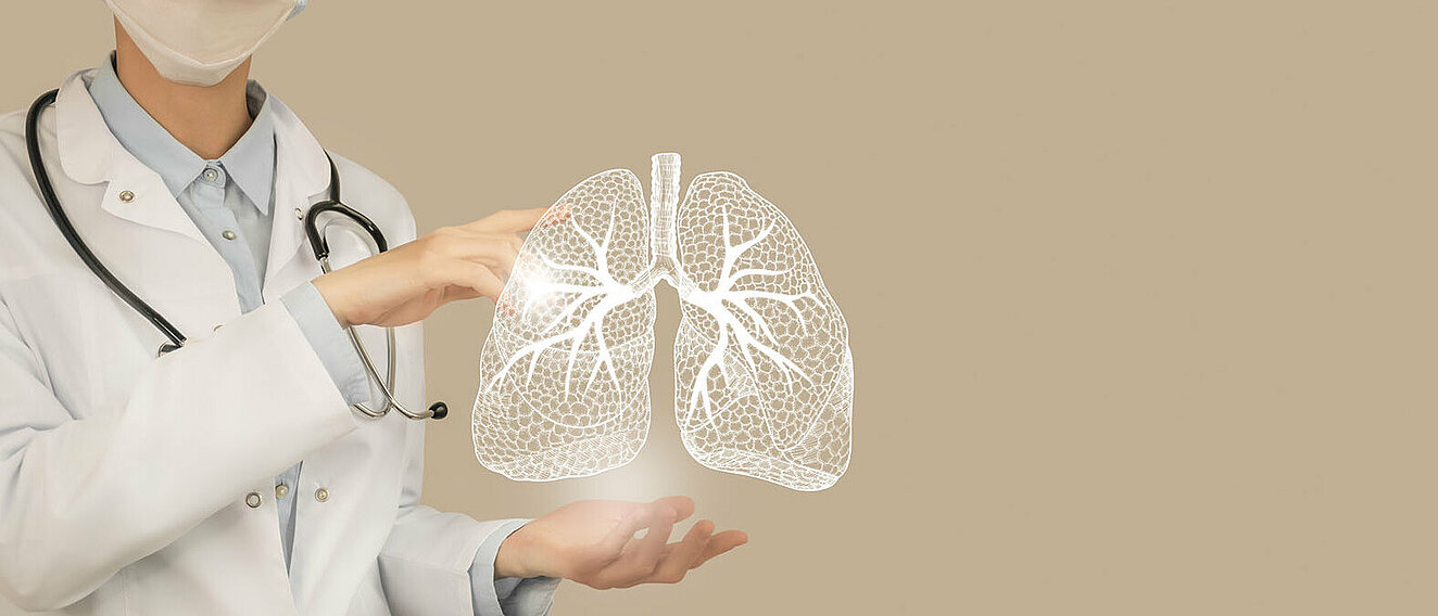 Arzthaende halten gezeichnete Lunge in der Hand