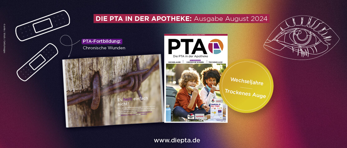 Die August-Ausgabe von DIE PTA IN DER APOTHEKE. Auf dem Cover sitzen zwei Kinder im Grundschulalter auf einer Wiese und beißen in ein Sandwich. Links daneben, auf einer aufgeschlagenen Doppelseite, sieht man die erste Seite der PTA-Fortbildung zu chronischen Wunden mit dem Titel „Es heilt einfach nicht!“: ein Baum, der um Stacheldraht herumgewachsen ist, welcher sich tief in die Rinde bohrt. Rechts neben dem Cover listet ein Kreis die weiteren Schwerpunkt-Themen: Wechseljahre und trockenes Auge.