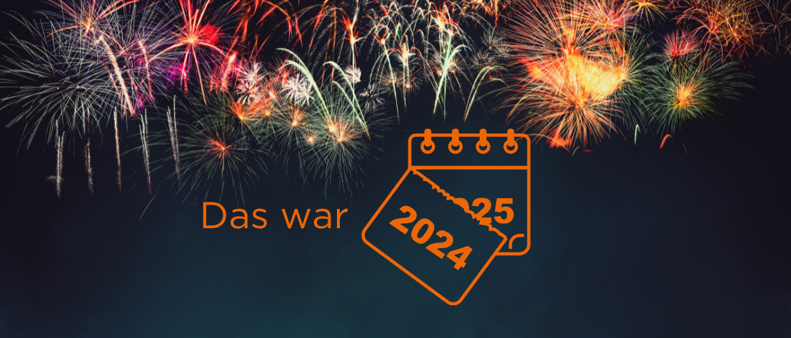 Silvesterfeuerwerk, davor die Schrift „Das war“ und ein Kalender, von dem das 2024 Blatt abfällt und einen Blick auf 2025 freigibt.