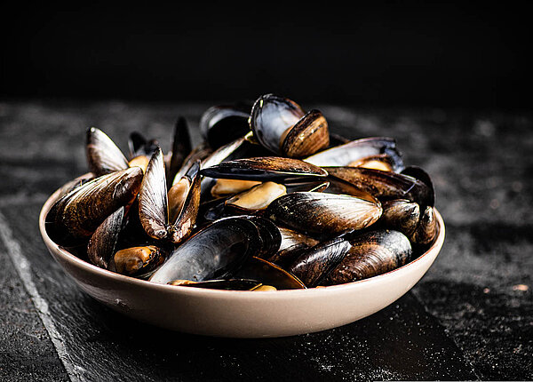 Gekochte Miesmuscheln in einer flachen Schale