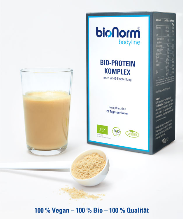 Eine Packung BioNorm bodyline, darunter steht "100% Vegan - 100% Bio - 100% Qualität".: