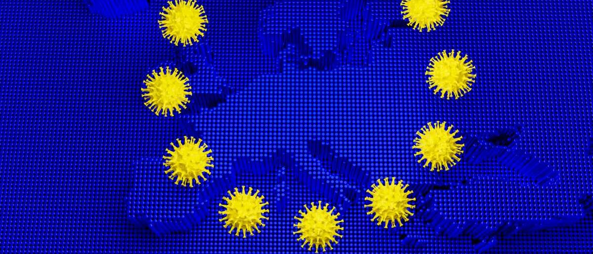 Bei der europäischen Flagge sind die Sterne durch Corona-Viren ersetzt.