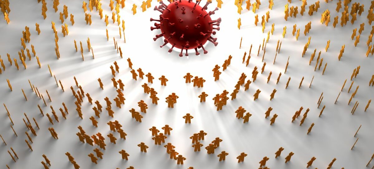 Ein 3D-Rendering-Bild des Corona-Virus in der Mitte und orange Farbe menschliche Symbol Puppen stehen herum.