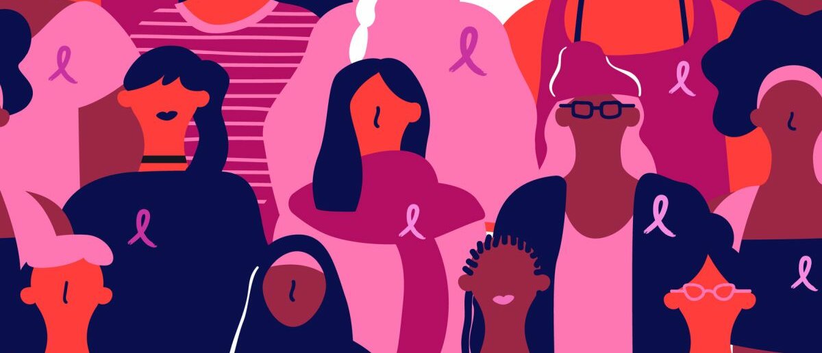 Eine Zeichnung von vielen verschiedenen Frauen, die die rosa Brustkrebs-Schleife tragen.